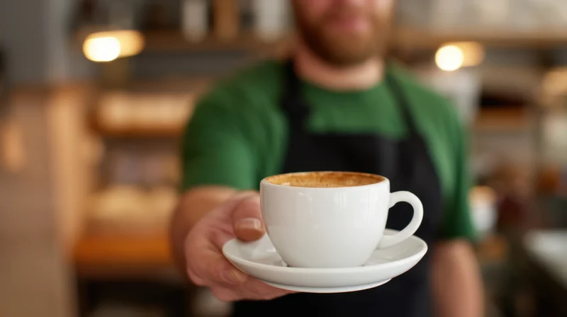 Barista holding a white ceramic coffee cup with saucer in a cafe