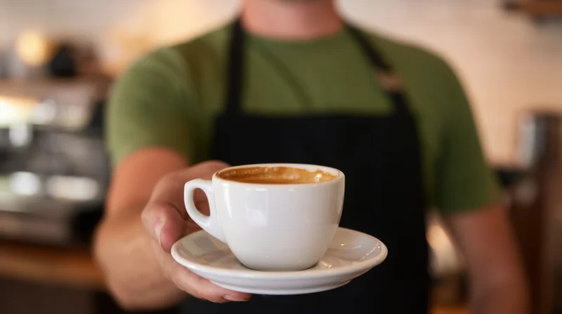 Barista holding a white ceramic coffee cup with saucer in a cafe interior