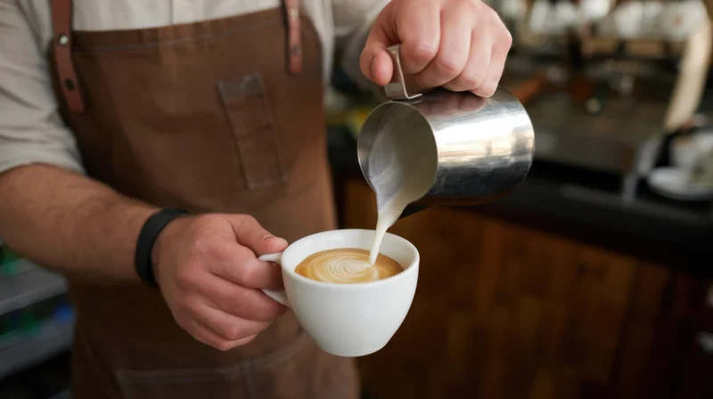 Barista pouring steamed milk into a latte cup to create foam art in a coffee shop