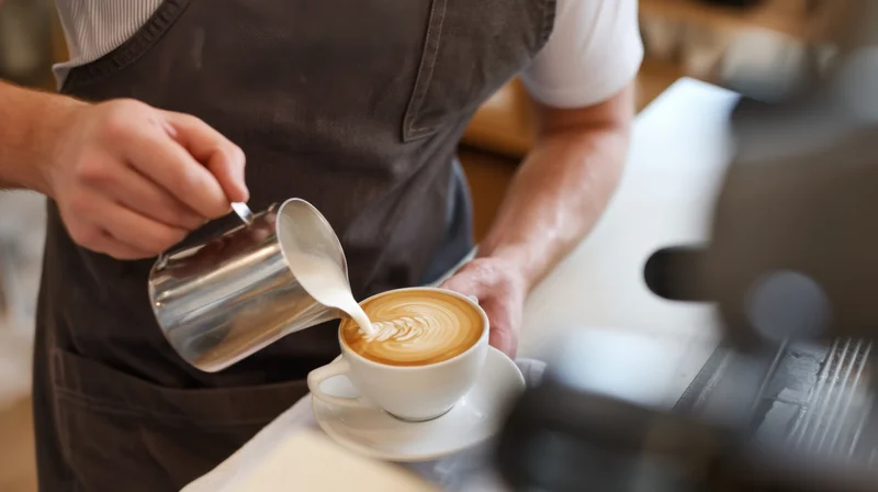 Barista pouring steamed milk into a latte cup to create foam art in a coffee shop