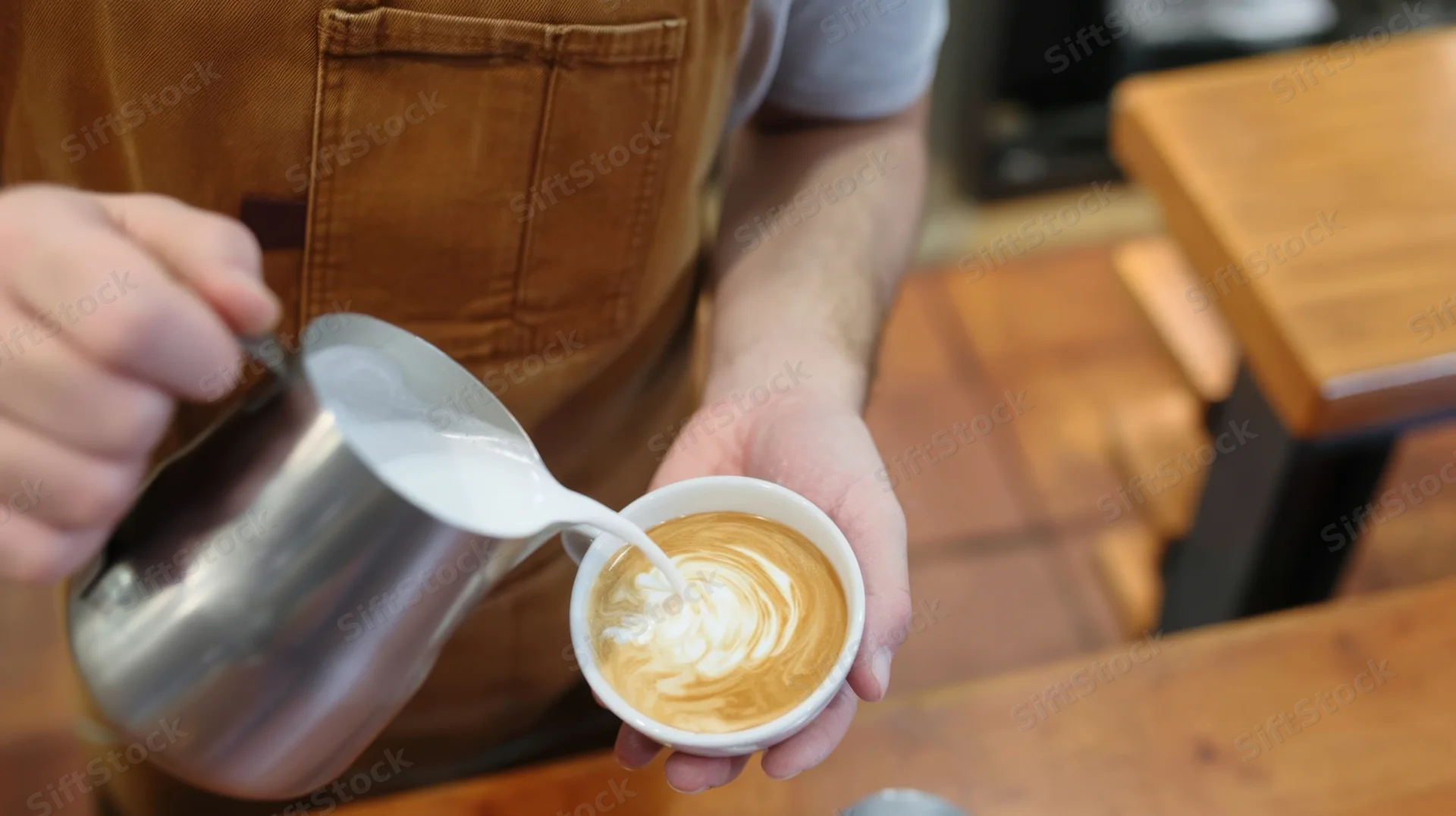 Barista pouring steamed milk into a latte cup to create foam art in a cafe