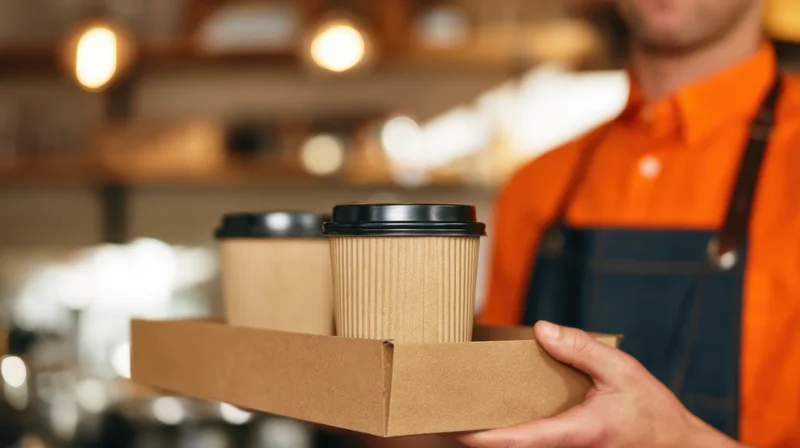 Barista holding a tray with two takeaway coffee cups in a cafe