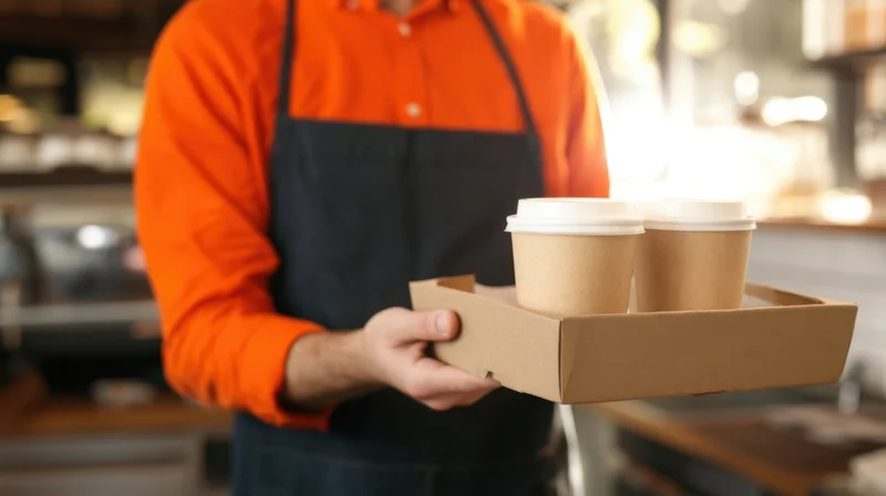Barista holding tray with two paper coffee cups in a cafe interior