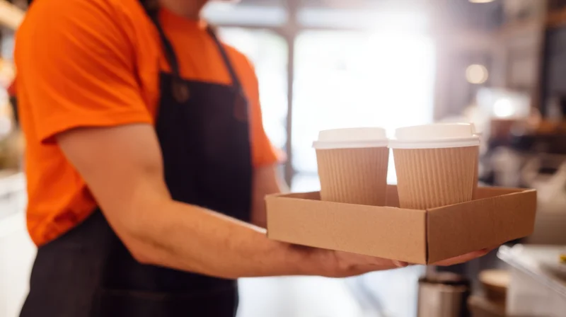 Barista holding tray with two coffee cups in a cafe