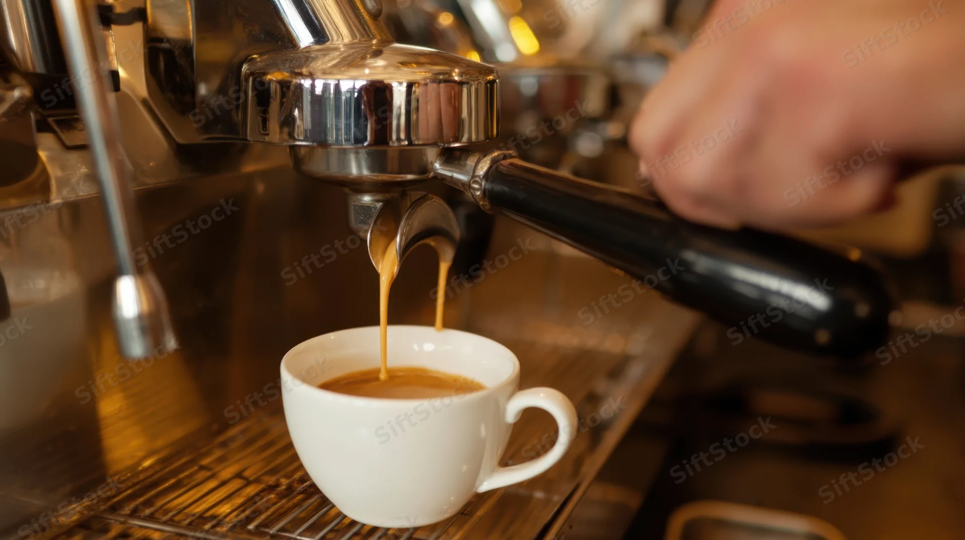 Barista pouring espresso from machine into white cup on counter