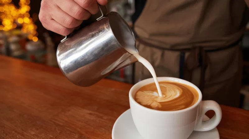 Barista pouring milk into a latte on a wooden counter in a cafe