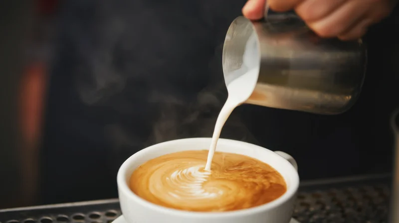 Barista pouring steamed milk into a latte cup at a coffee shop counter