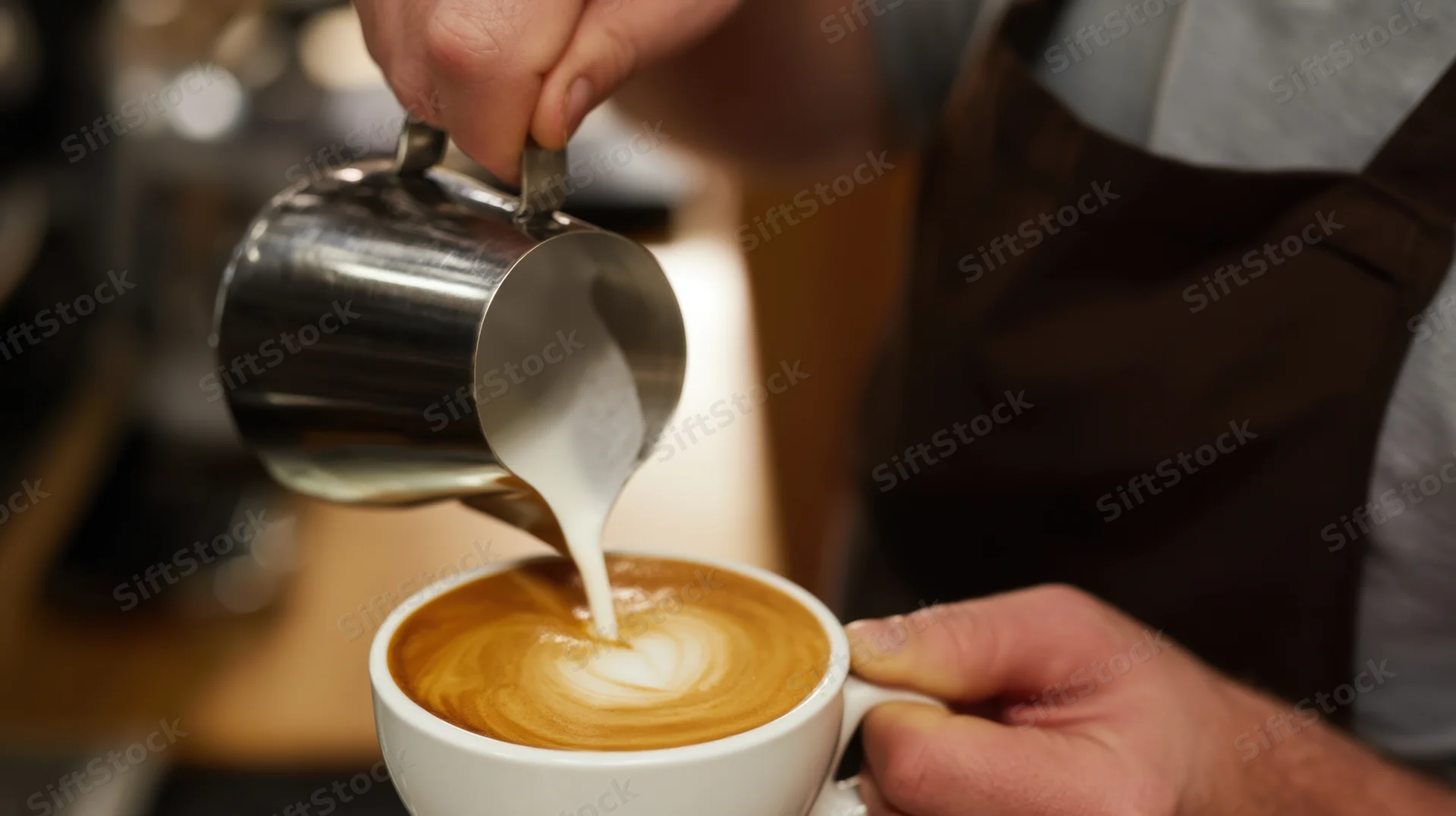 Barista pouring steamed milk into a latte cup at a coffeehouse