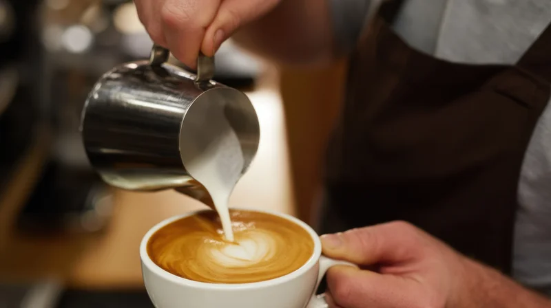 Barista pouring steamed milk into a latte cup at a coffeehouse