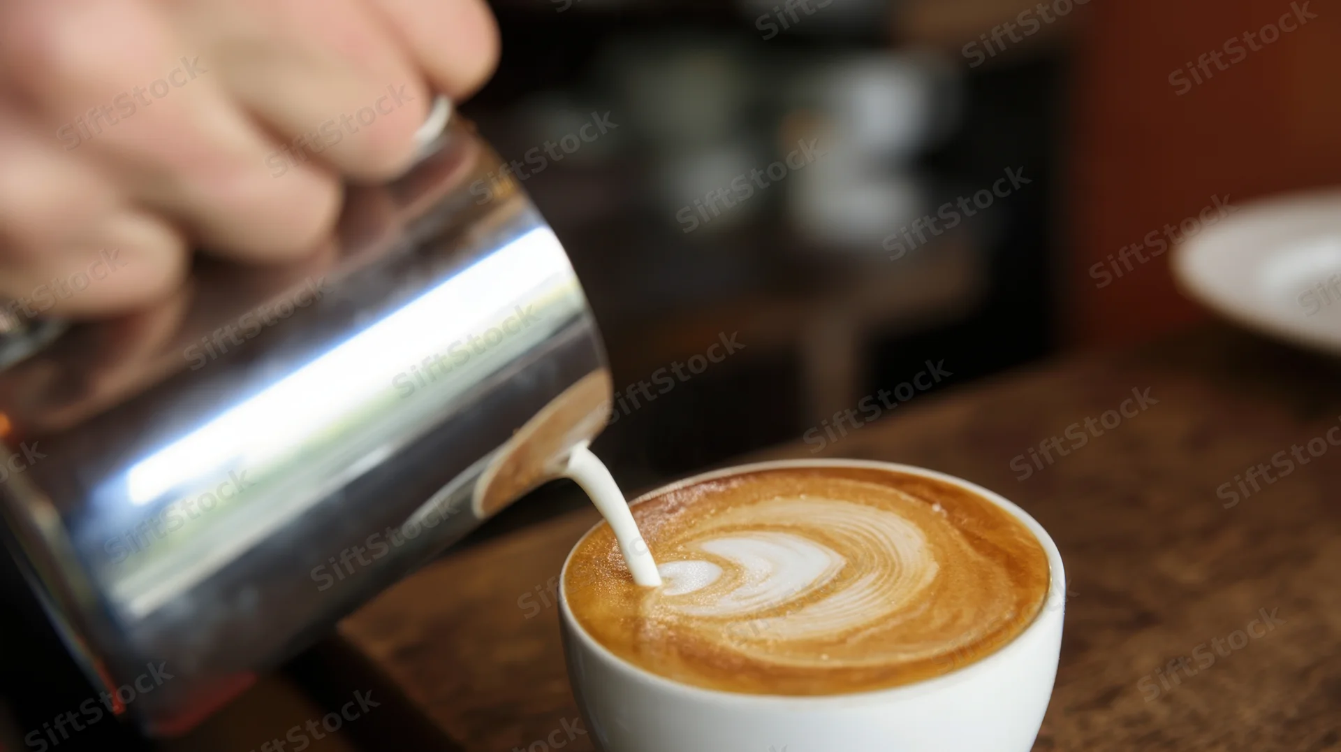 Barista pouring steamed milk into a latte cup on a wooden table in a cafe