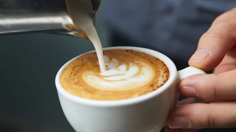 Barista pouring milk into a cup of coffee to create latte art