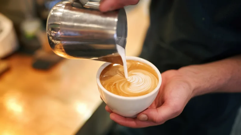 Barista pouring milk into a latte to create foam swirl in a white cup at a coffee bar