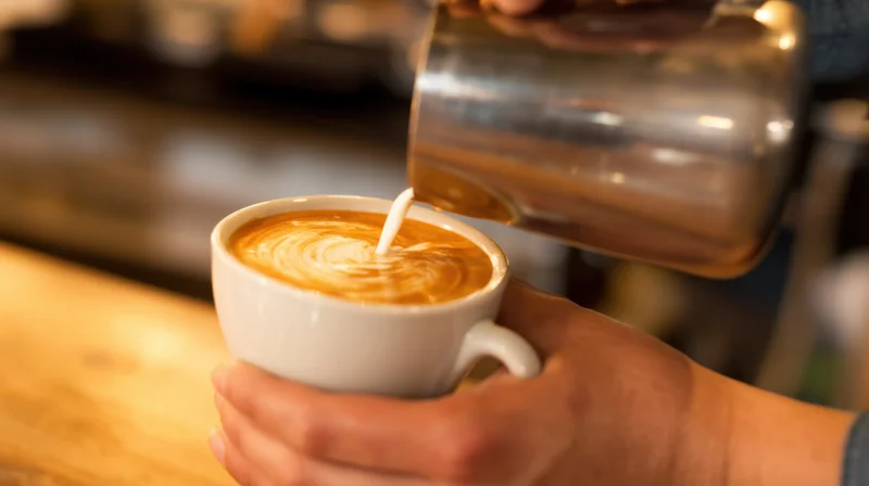 Barista pouring milk into a latte cup on a wooden counter