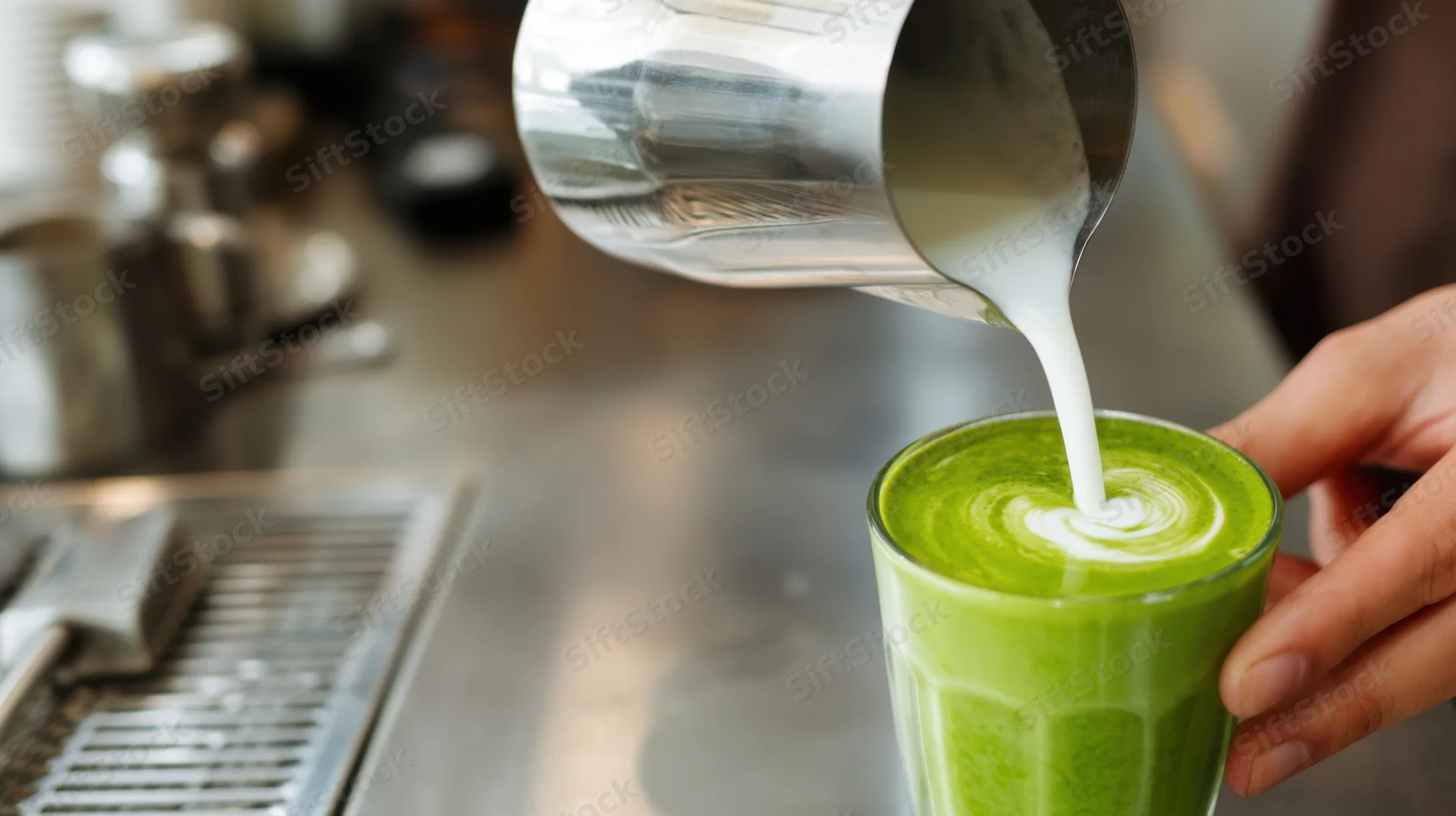 Barista pouring milk into a matcha latte in a cafe