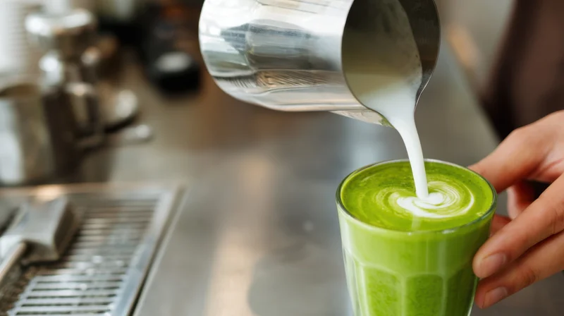 Barista pouring milk into a matcha latte in a cafe