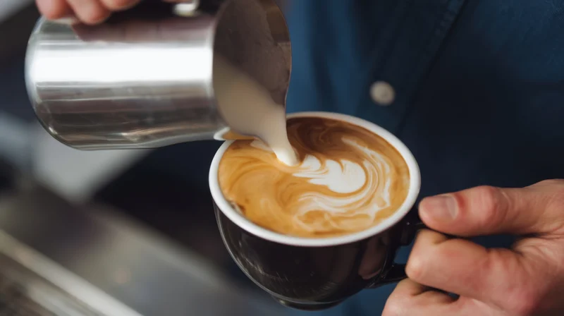 Barista pouring steamed milk into a latte to create latte art in a coffee shop