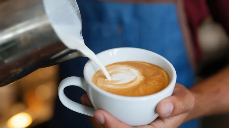 Barista pouring steamed milk into a latte cup to create foam art in a café