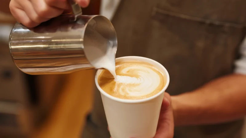 Barista pouring steamed milk into a paper cup of coffee to create latte art in a cafe