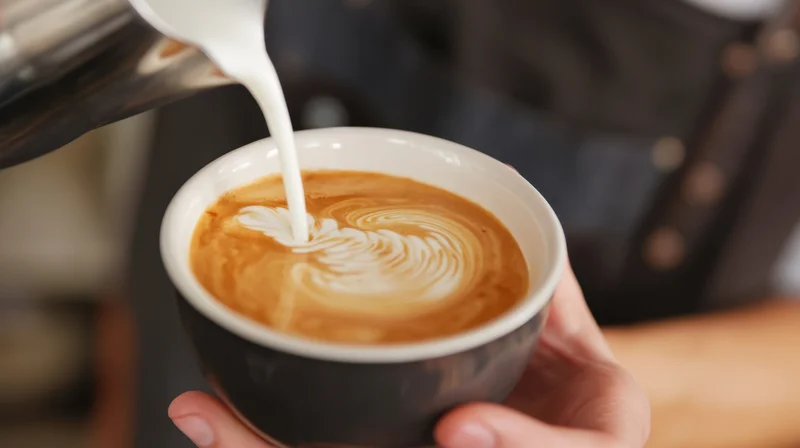 Barista pouring steamed milk into a cup of coffee to create latte art