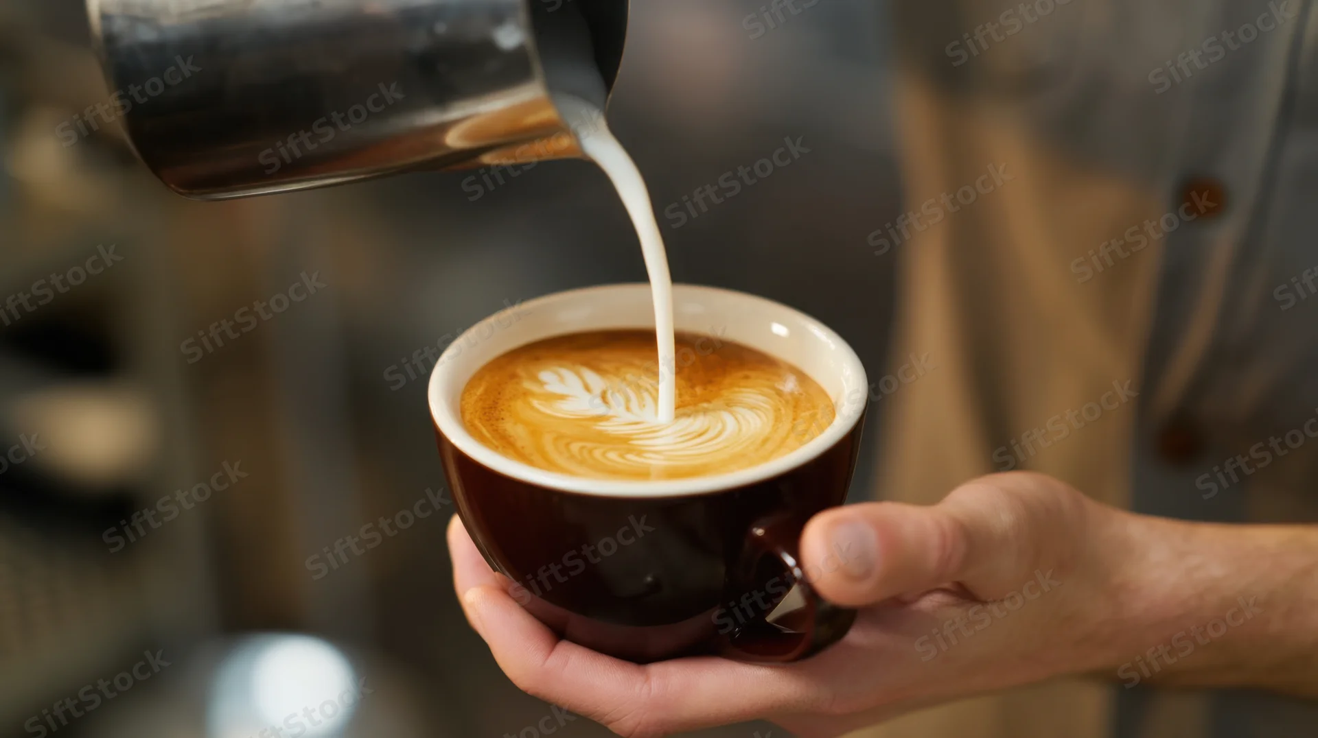 Barista pouring steamed milk into a latte cup to create foam art in a café