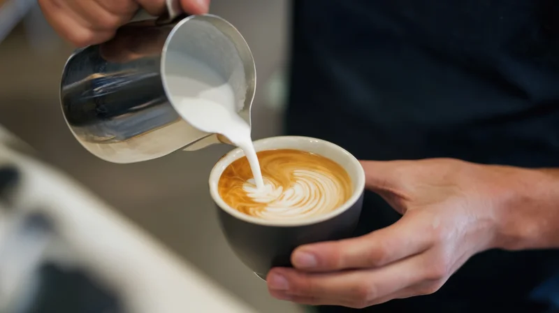 Barista pouring steamed milk into a latte cup to create foam art in a coffee shop