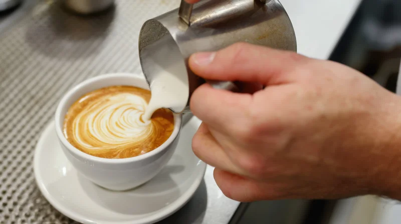 Barista pouring steamed milk into a latte cup to create foam art on a cafe counter