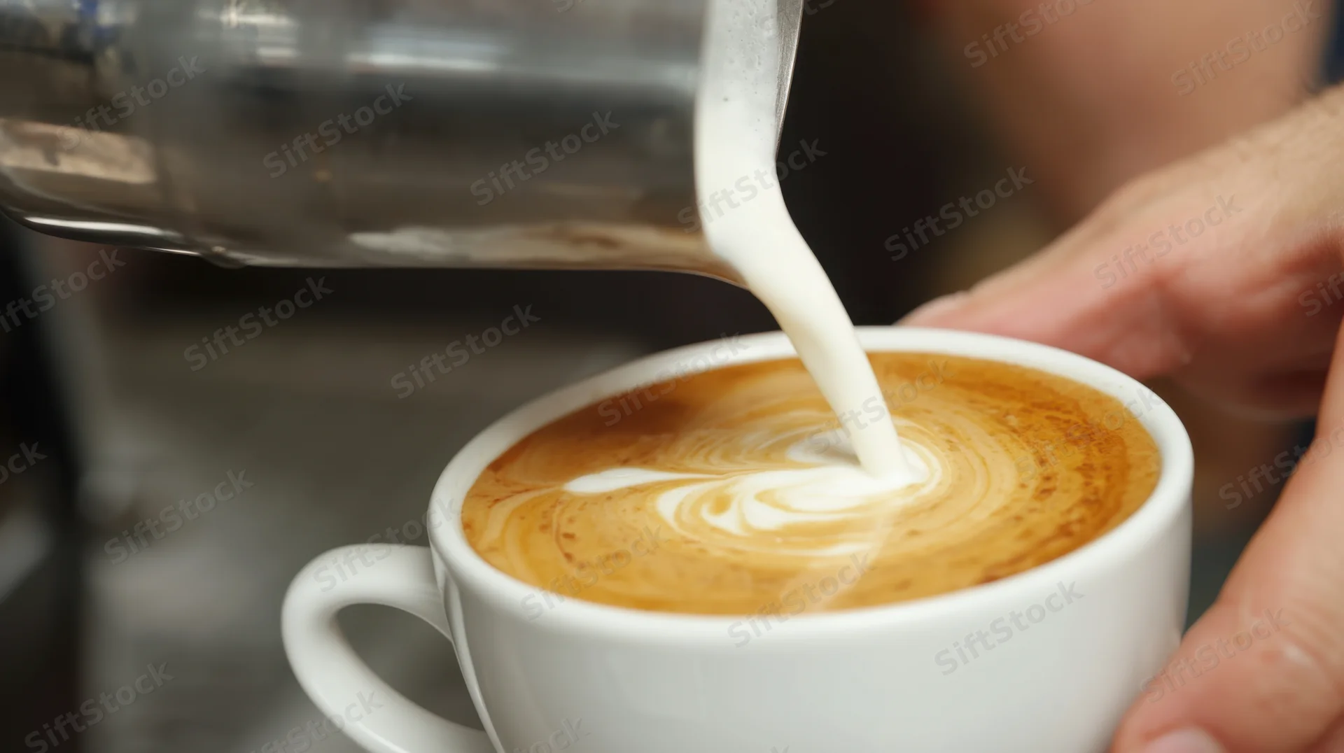 Barista pouring steamed milk into a latte cup to create foam art in a coffee shop