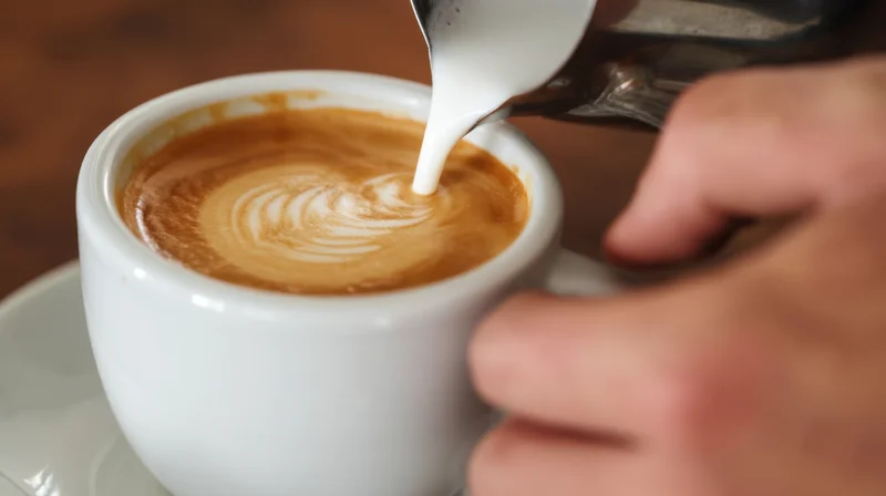 Barista pouring steamed milk into a cup of coffee to create latte art