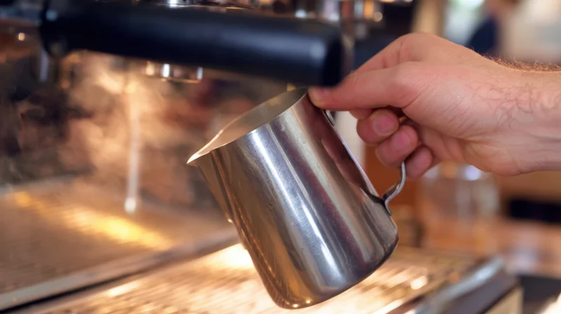 Barista's hand holding stainless steel pitcher under espresso machine steam wand in cafe