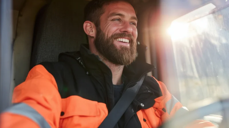 Bearded man smiling while sitting in truck cab wearing orange safety jacket and seatbelt