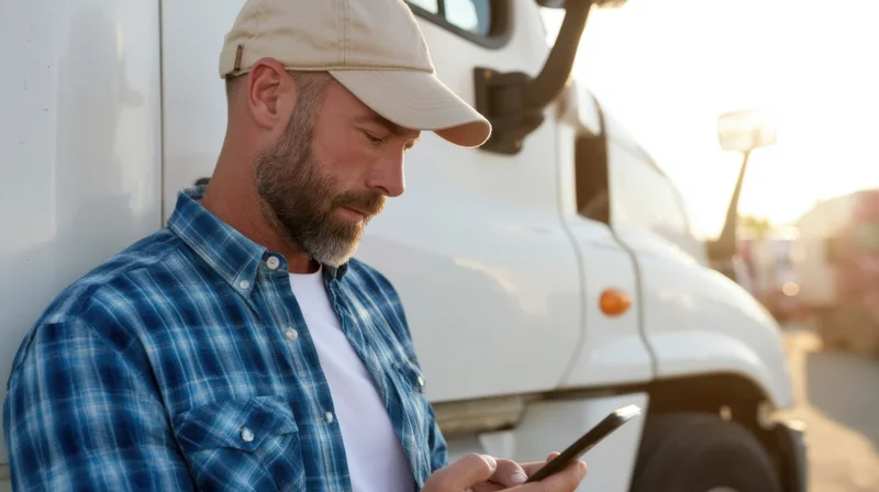 Bearded man in plaid shirt and cap using smartphone beside white truck cab