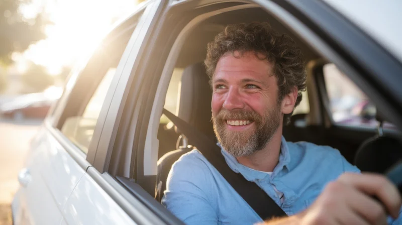 Smiling man driving a car with sunlight through the window