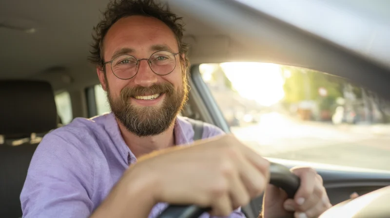 Smiling bearded man driving a car with hands on steering wheel inside vehicle interior