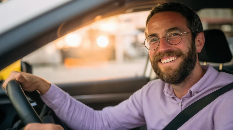 Smiling bearded man driving a car in the evening with warm light visible through the window