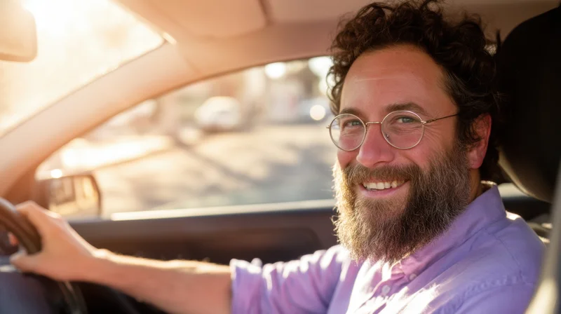 Smiling bearded man in purple shirt driving a car in sunlight