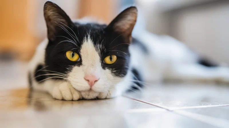 Black and white cat lying on tiled floor indoors, face closeup with yellow eyes and pink nose, resting calmly
