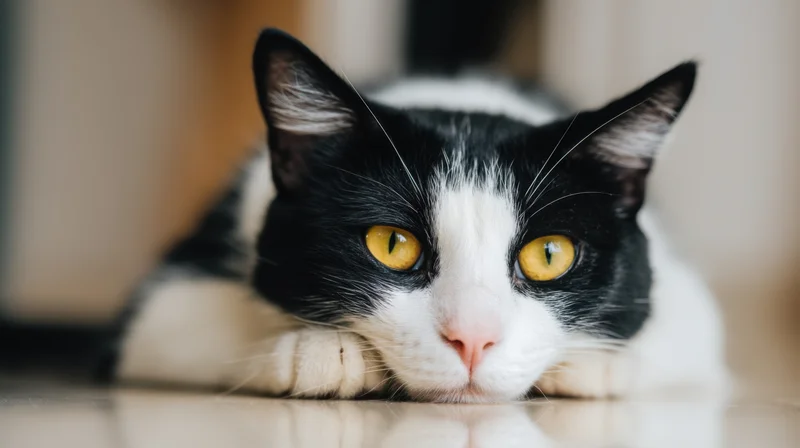 Black and white cat lying on floor with yellow eyes looking forward indoors