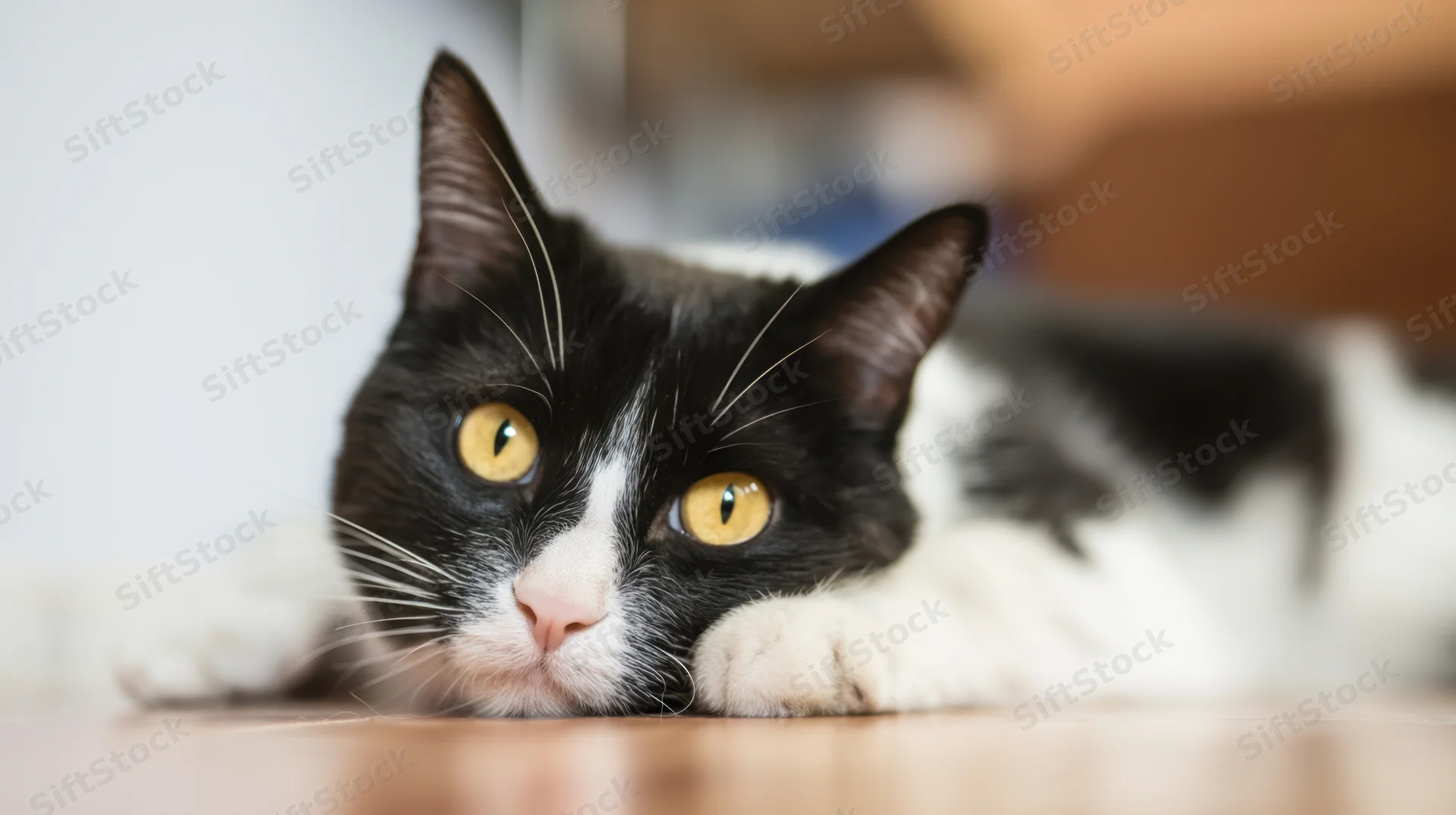 Black and white cat lying on wooden floor with yellow eyes looking forward
