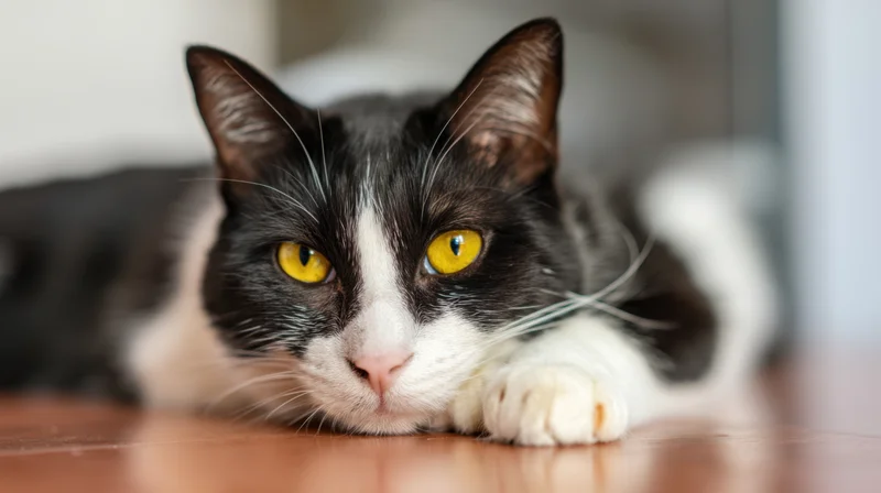 Black and white cat lying on wooden floor with yellow eyes looking forward