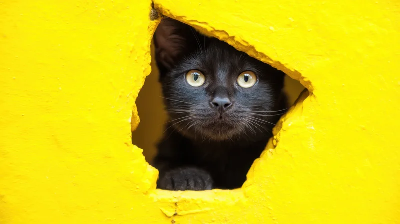 Black kitten peeking through a hole in a yellow painted wall