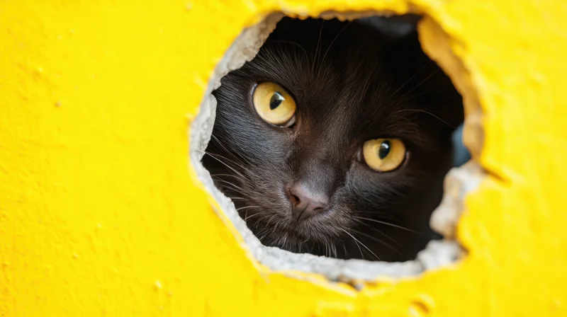 Black cat peeking through a torn yellow hole in a wall