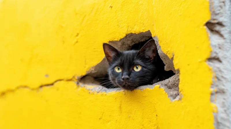 Black cat peeking through a hole in a yellow wall