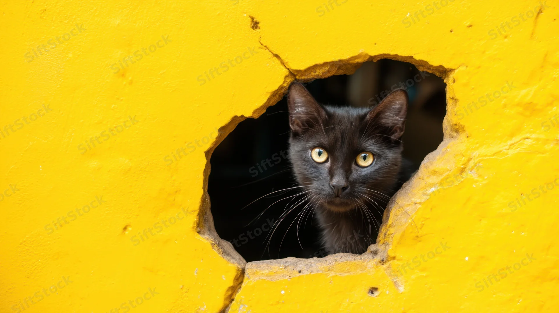 Black cat peeking through a hole in a yellow wall