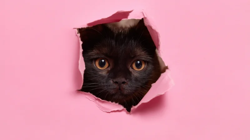 Black cat peeking through torn pink paper hole in studio setting
