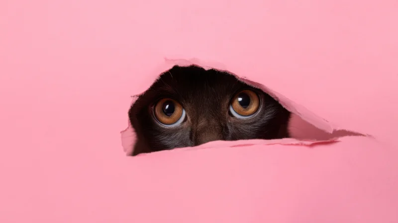 Black cat peeking through torn pink paper with wide eyes in studio setting