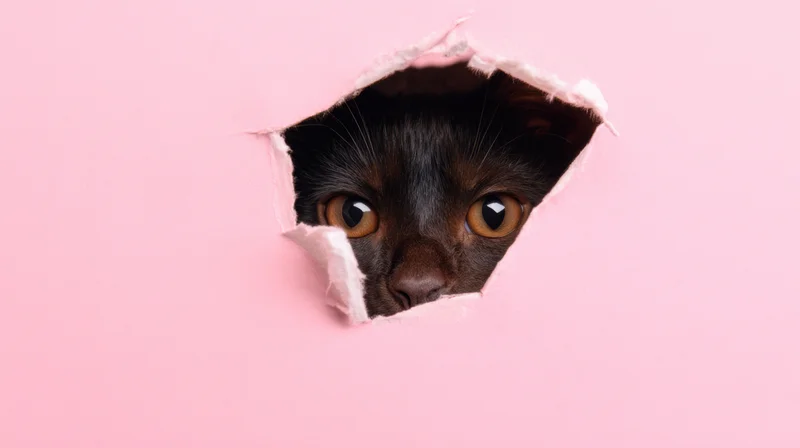 Black cat peeking through torn hole in pink paper background
