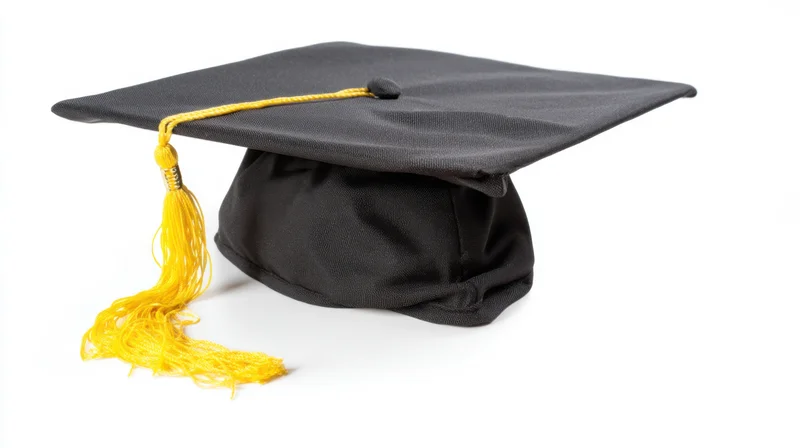 Black graduation cap with yellow tassel on white background