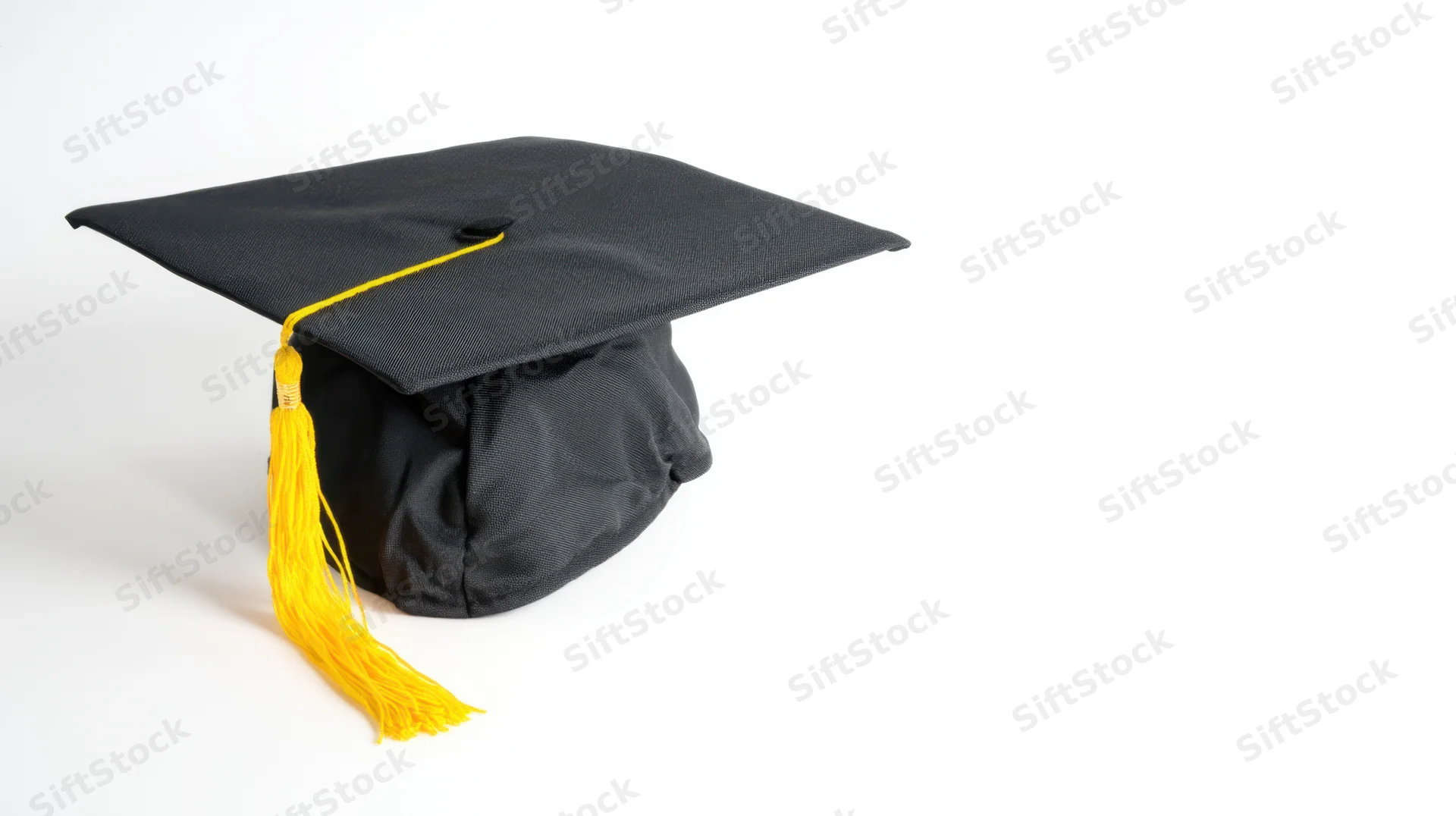 Black graduation cap with yellow tassel on white background
