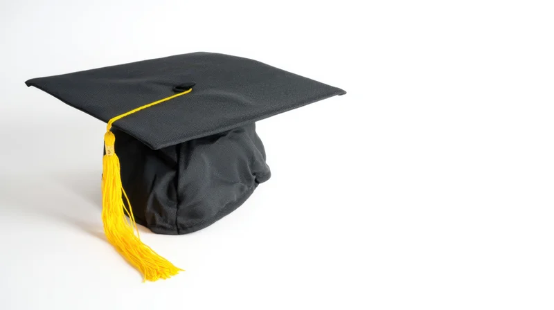 Black graduation cap with yellow tassel on white background