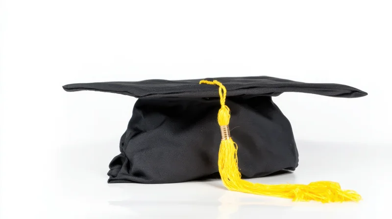 Black graduation cap with yellow tassel on white surface